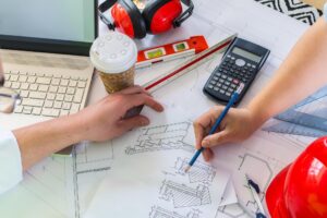 Inżynierowie dyskutują o planie z zespołem architektonicznym, pracy zespołowej i koncepcji przepływu pracy