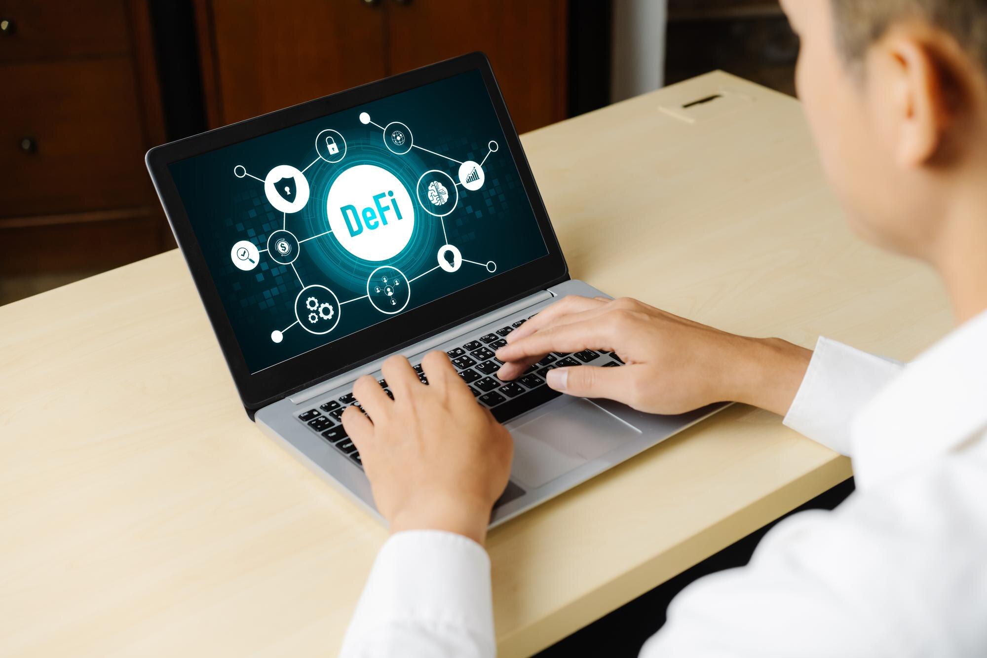 Zdecentralizowane finanse lub koncepcja DeFi na modnym ekranie komputera