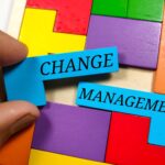 Koncepcja biznesowaTekst ZARZĄDZANIE ZMIANAMI pisanie na kolorowych drewnianych układankach z ręką trzymającą układankę na białym tle