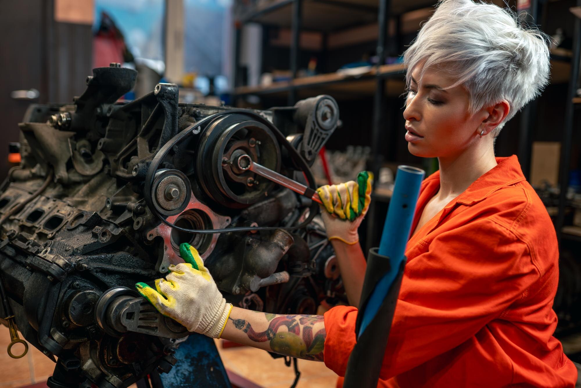 Female mechanic fixing engine in workshop